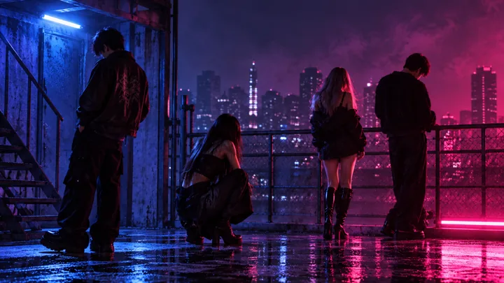 Four silhouettes on a rooftop over the Paris skyline at night